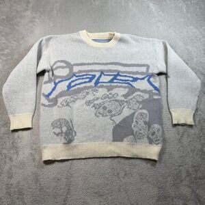 Vintage Racer Worldwide ICE Knit Sweater Mens Small Cream Blue Skull Oversize